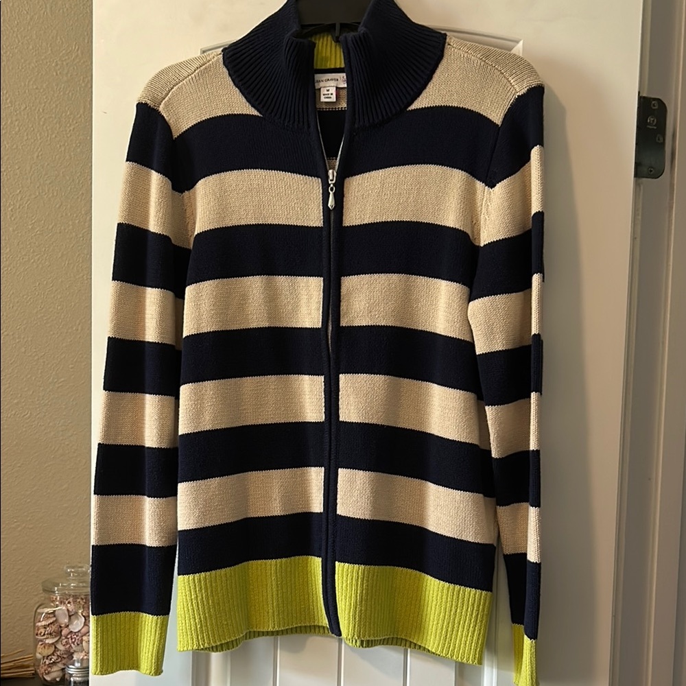 Susan Graver striped zip up cardigan sweater, size M
